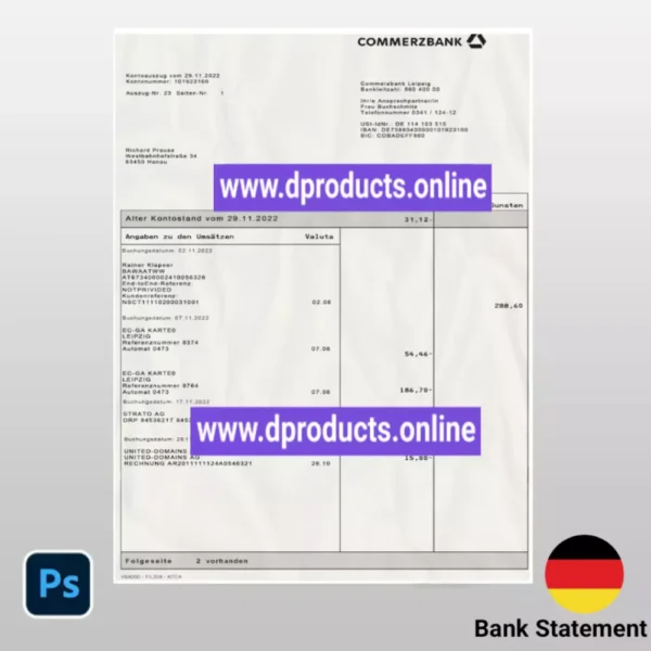 Germany Bank Statement PSD Template