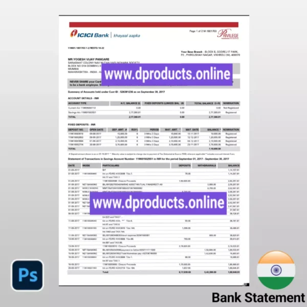 India Bank Statement PDF Template