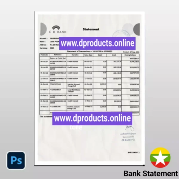 Myanmar Bank Statement PSD Template