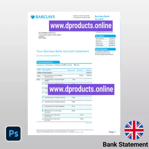United Kingdom (UK) Bank Statement PSD Template