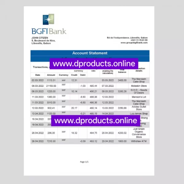 Gabon Bank Statement PDF Template
