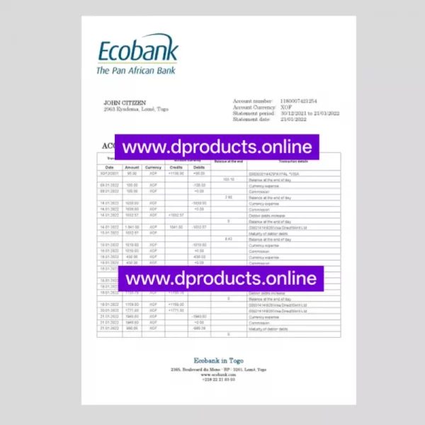 Togo Bank Statement PDF Template