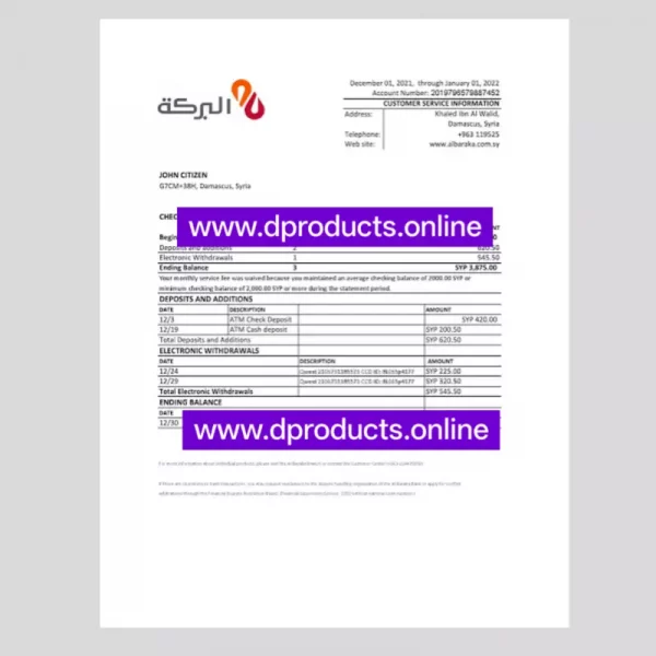 Syria Bank Statement PDF Template