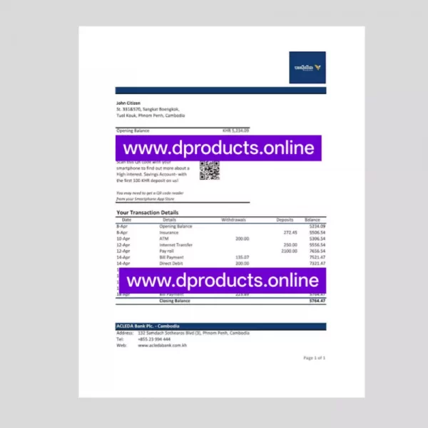 Cambodia Bank Statement PDF Template