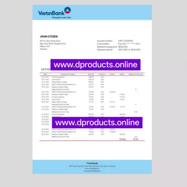 Vietnam Bank Statement PDF Template