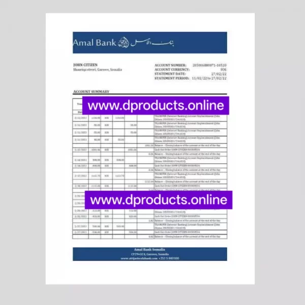 Somalia Bank Statement PDF Template