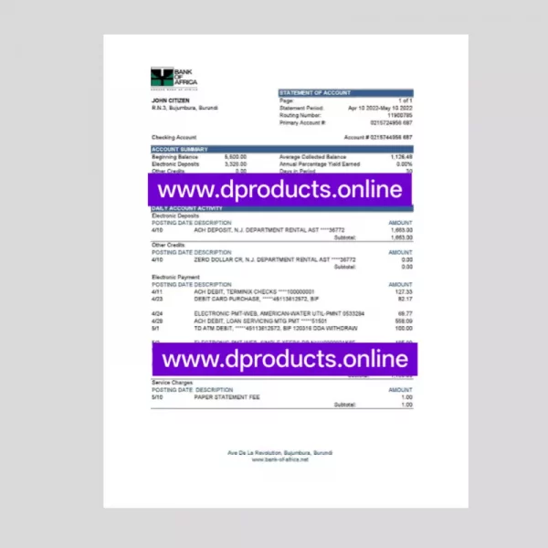 Burundi Bank Statement PDF Template