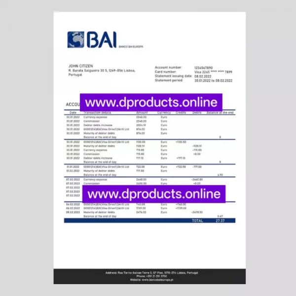 Portugal Bank Statement PDF Template