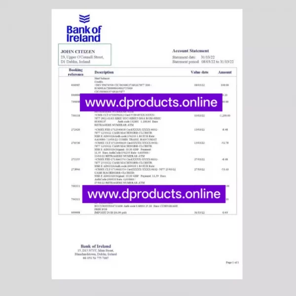 Ireland Bank Statement PDF Template