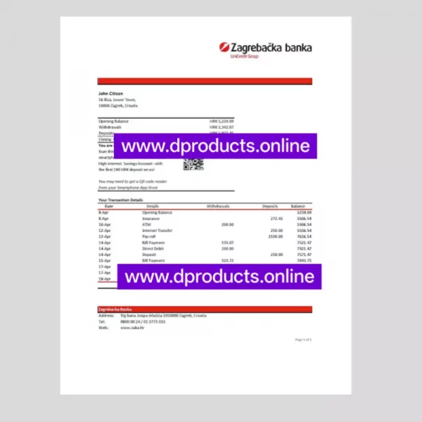 Croatia Bank Statement PDF Template