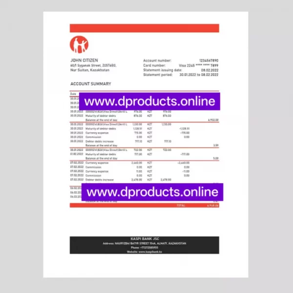Kazakhstan Bank Statement PDF Template