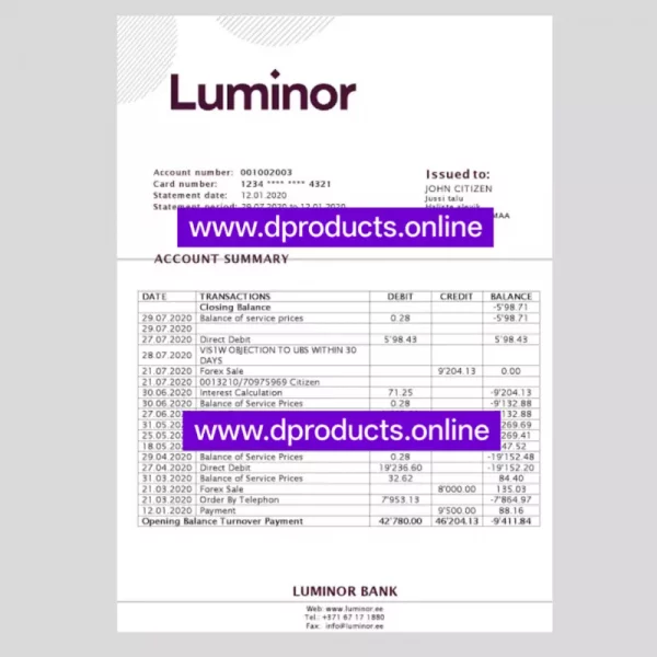 Estonia Bank Statement PDF Template