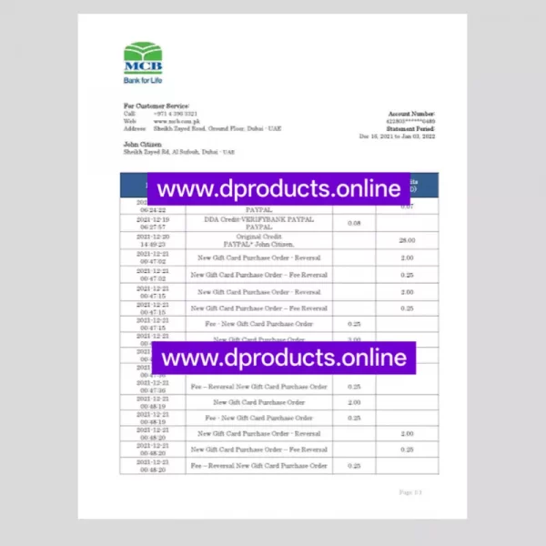 United Arab Emirates Bank Statement PDF Template