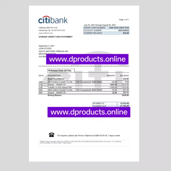 United Kingdom Bank Statement PDF Template