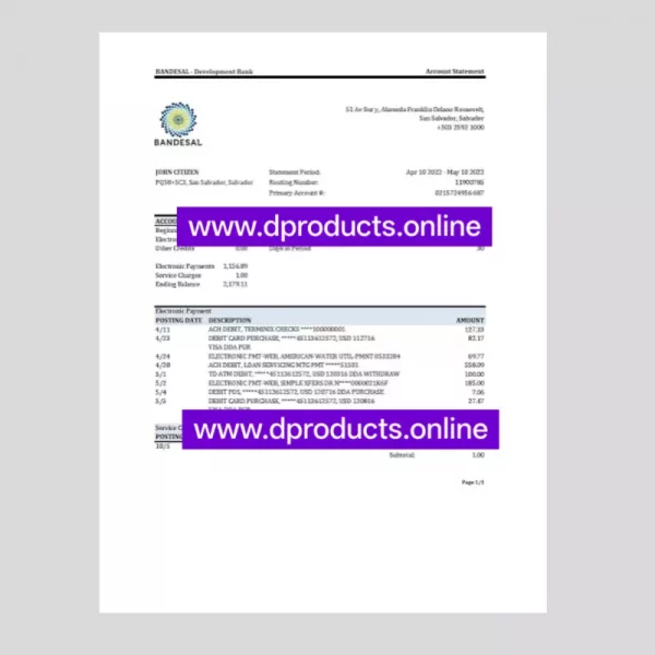El Salvador Bank Statement PDF Template