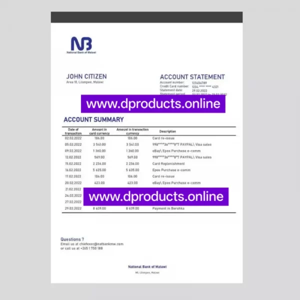 Malawi Bank Statement PDF Template