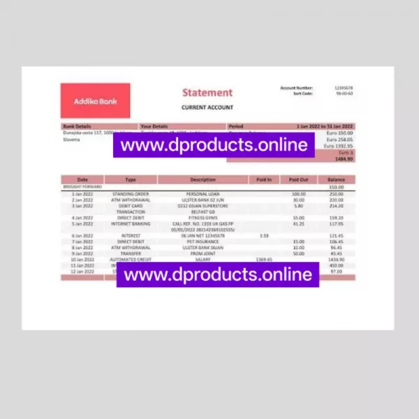 Slovenia Bank Statement PDF Template
