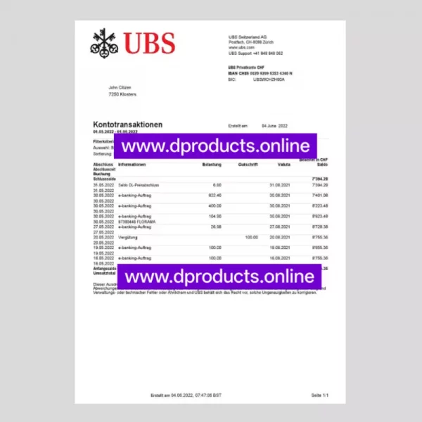 Switzerland Bank Statement PDF Template