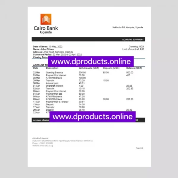 Uganda Bank Statement PDF Template