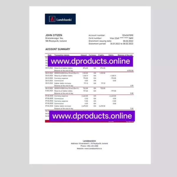 Iceland Bank Statement PDF Template
