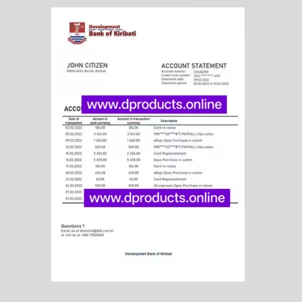 Kiribati Bank Statement PDF Template