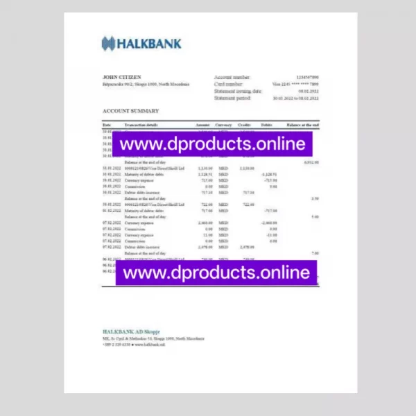 North Macedonia Bank Statement PDF Template