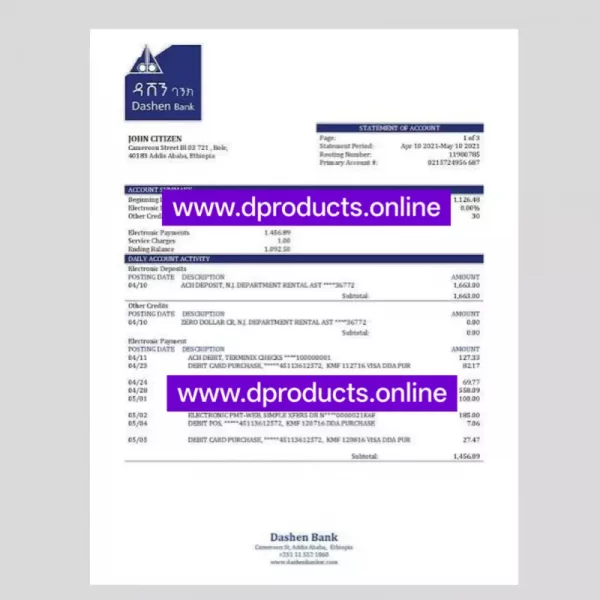 Ethiopia Bank Statement PDF Template