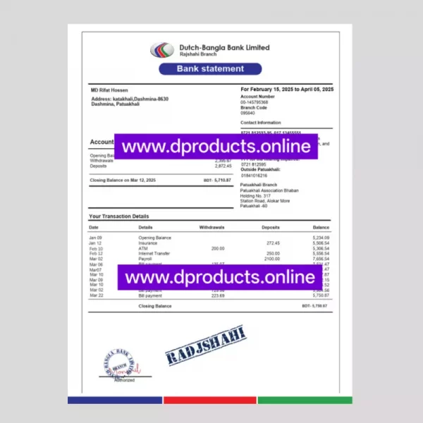 Bangladesh Bank Statement PDF Template