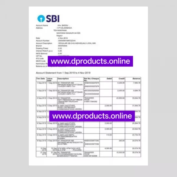 India Bank Statement PDF Template