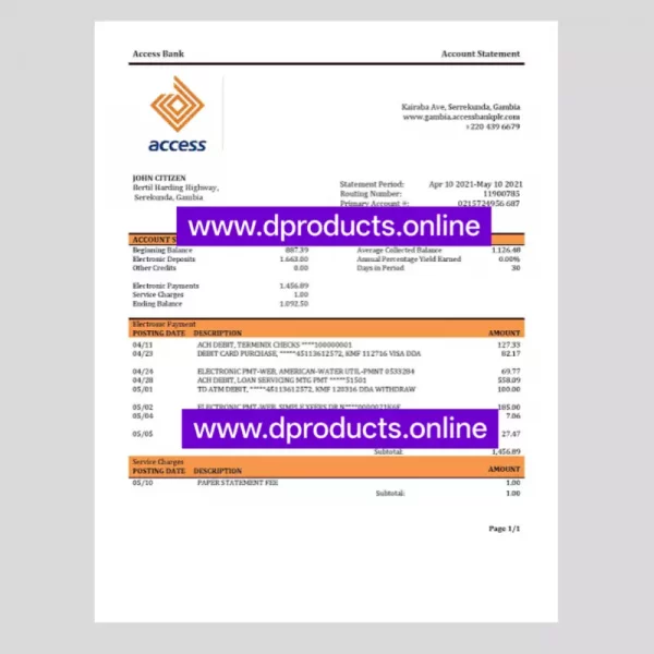 Gambia Bank Statement PDF Template