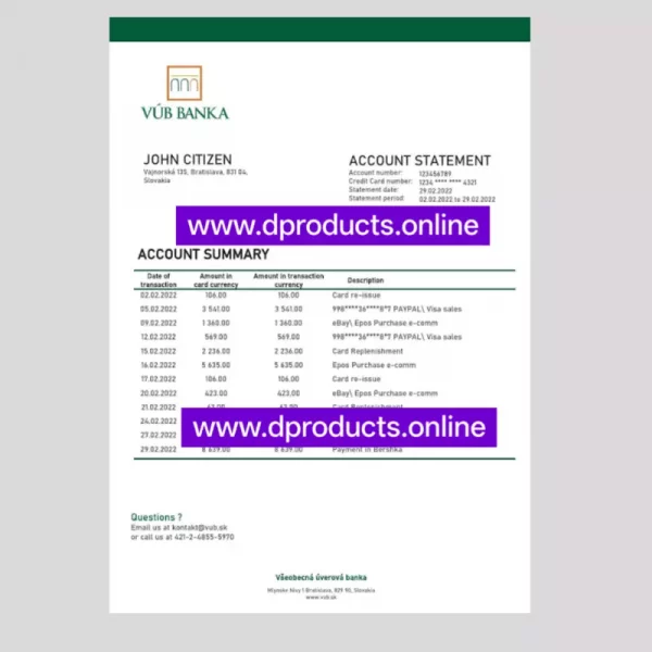 Slovakia Bank Statement PDF Template