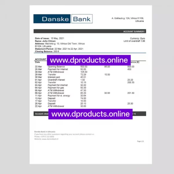Lithuania Bank Statement PDF Template