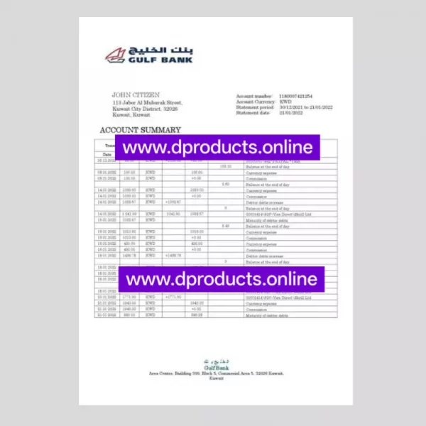 Kuwait Bank Statement PDF Template
