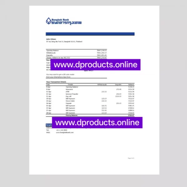 Thailand Bank Statement PDF Template