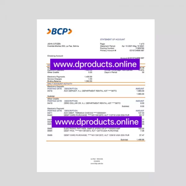 Bolivia Bank Statement PDF Template