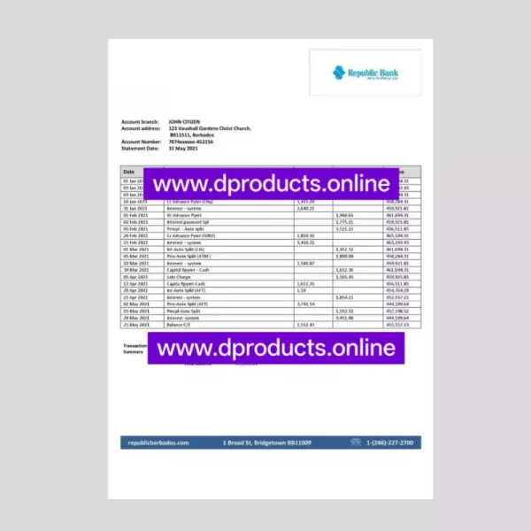 Barbados Bank Statement PDF Template