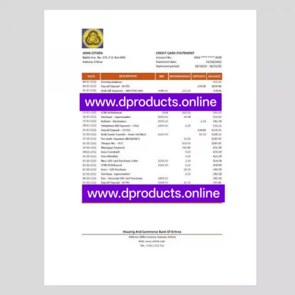 Eritrea Bank Statement PDF Template