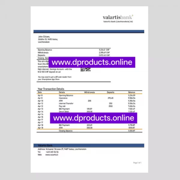 Liechtenstein Bank Statement PDF Template