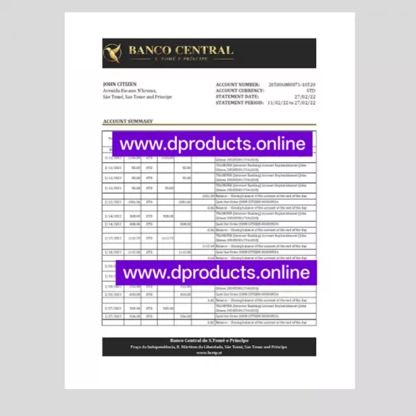 São Tomé and Príncipe Bank Statement PDF Template