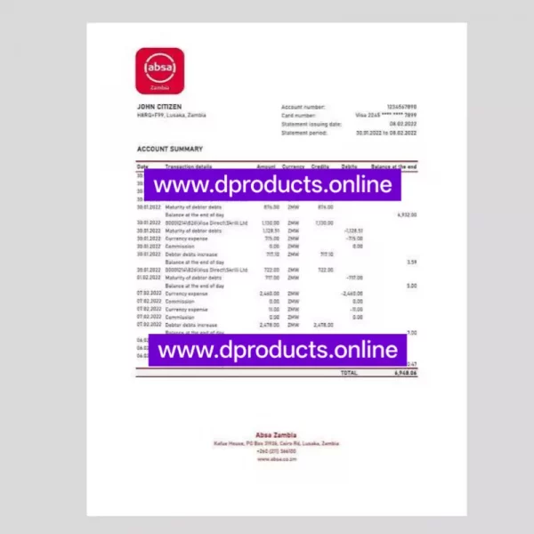 Zambia Bank Statement PDF Template
