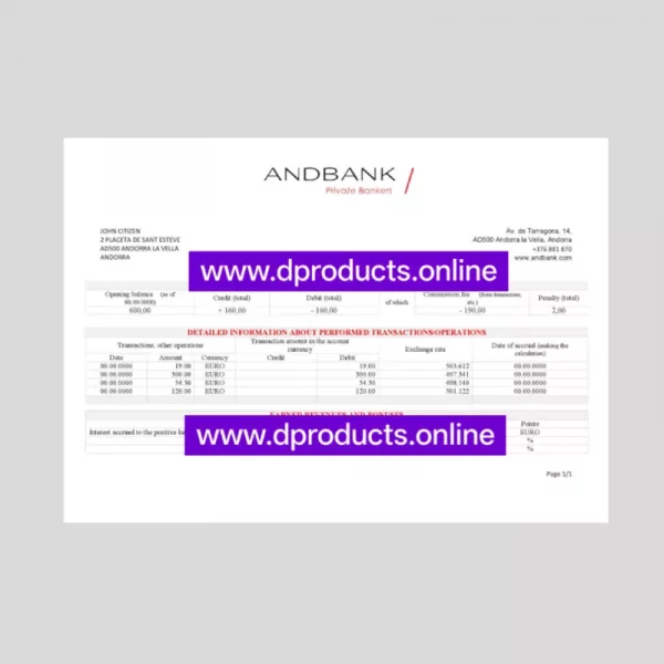 Andorra Bank Statement PDF Template