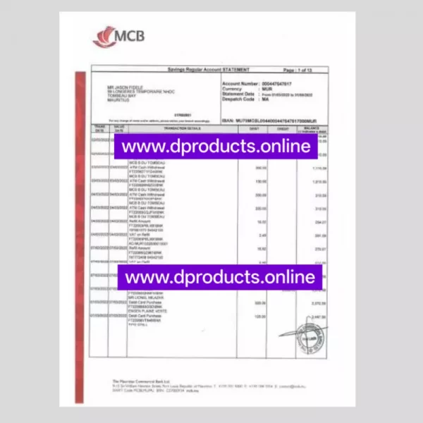 Mauritius Bank Statement PDF Template