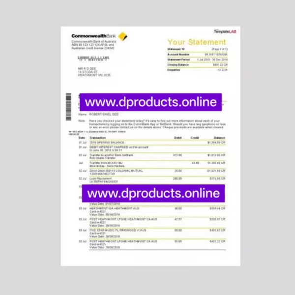 Australia Bank Statement PDF Template