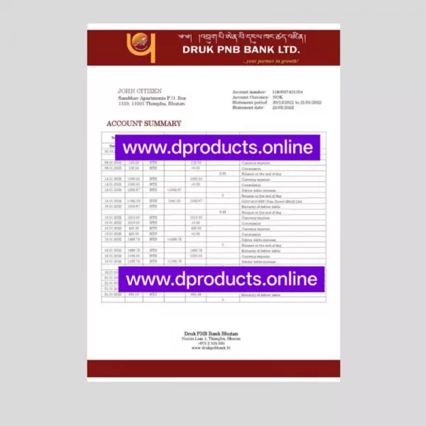 Bhutan Bank Statement PDF Template