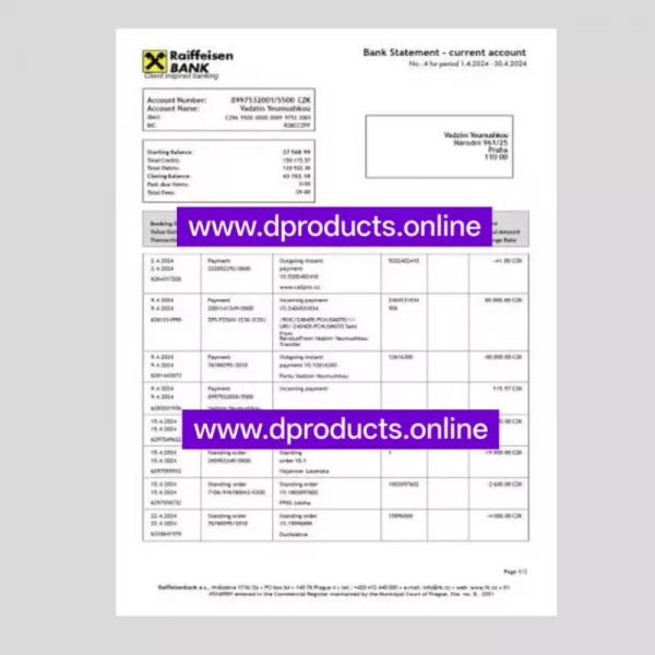 Czechia Bank Statement PDF Template