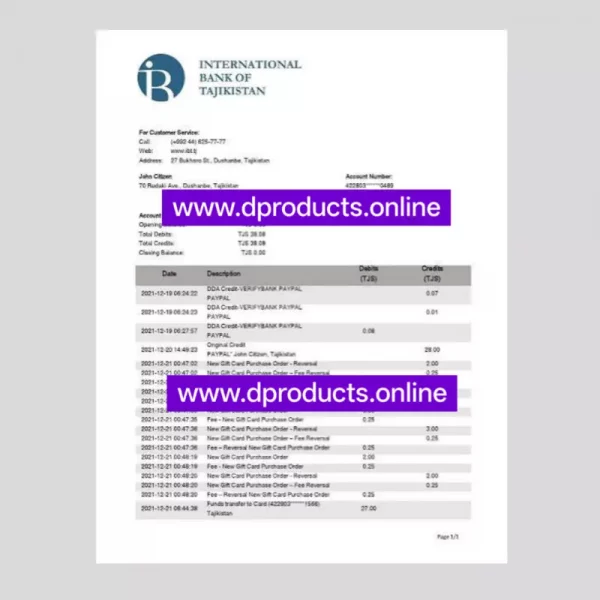 Tajikistan Bank Statement PDF Template