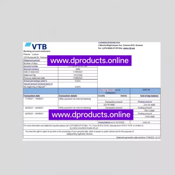 Armenia Bank Statement PDF Template