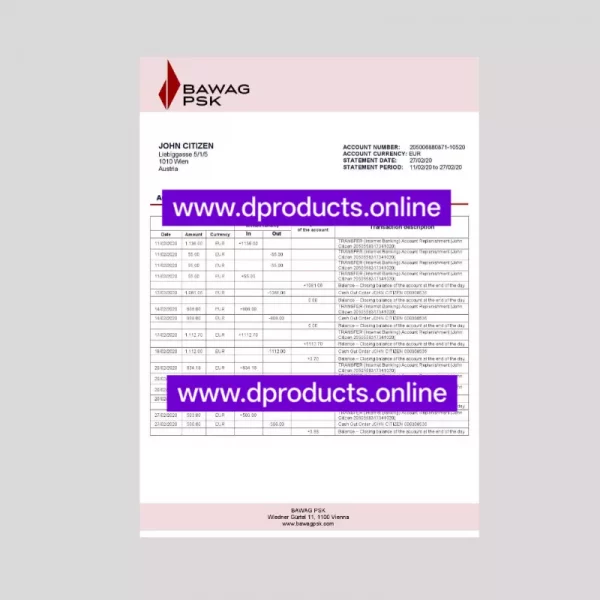 Austria Bank Statement PDF Template