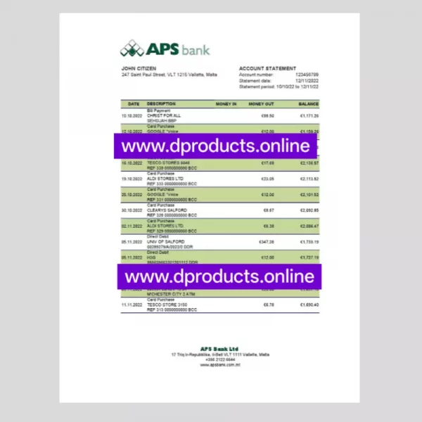 Malta Bank Statement PDF Template