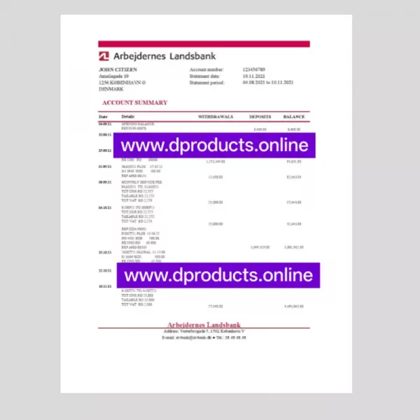 Denmark Bank Statement PDF Template